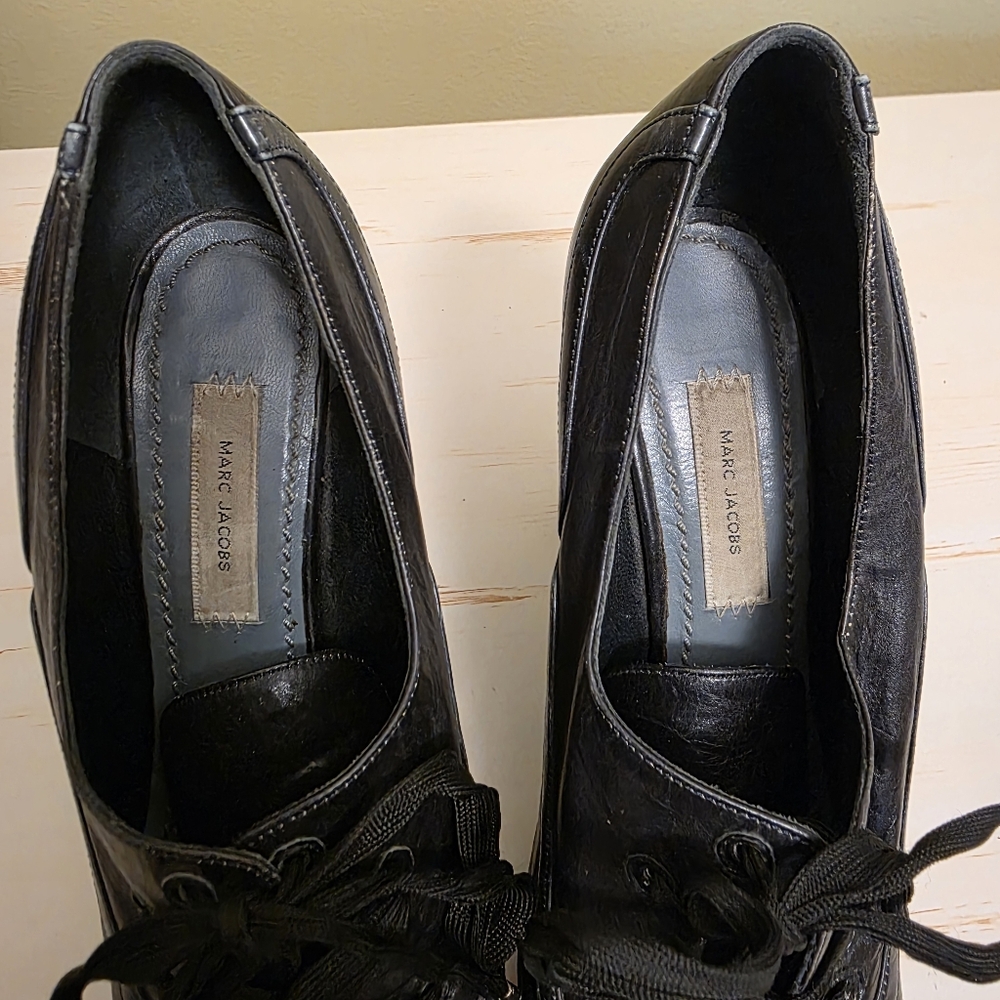 Marc Jacobs | Black Leather Oxford Heels Sz 36 1/2 - Picture 7 of 9